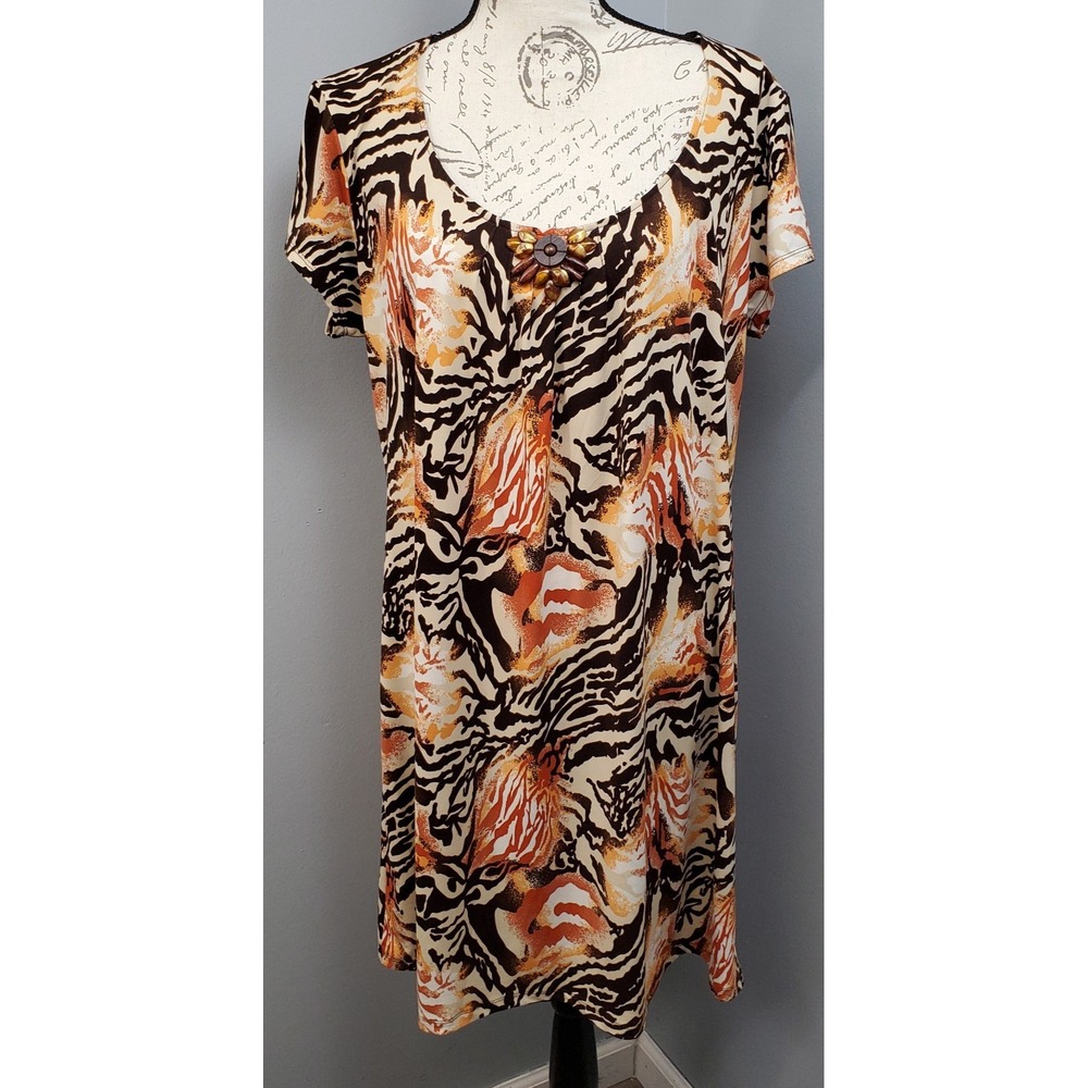 Ruby Rd. Dress Womens Large Multi Cheetah Print Short Sleeve Beaded Scoop Neck